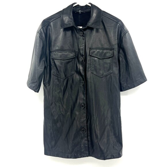 7 For All Mankind Black Faux Leather Button Front Short Sleeve Top Women's Small - Picture 1 of 3